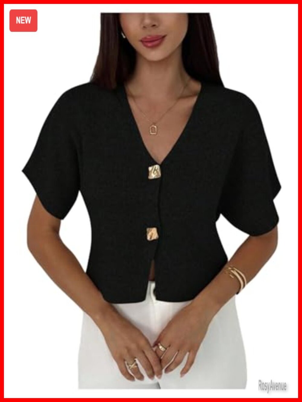 Women's Short Sleeve V Neck Button Front Rib Knit Cardigan Sweater